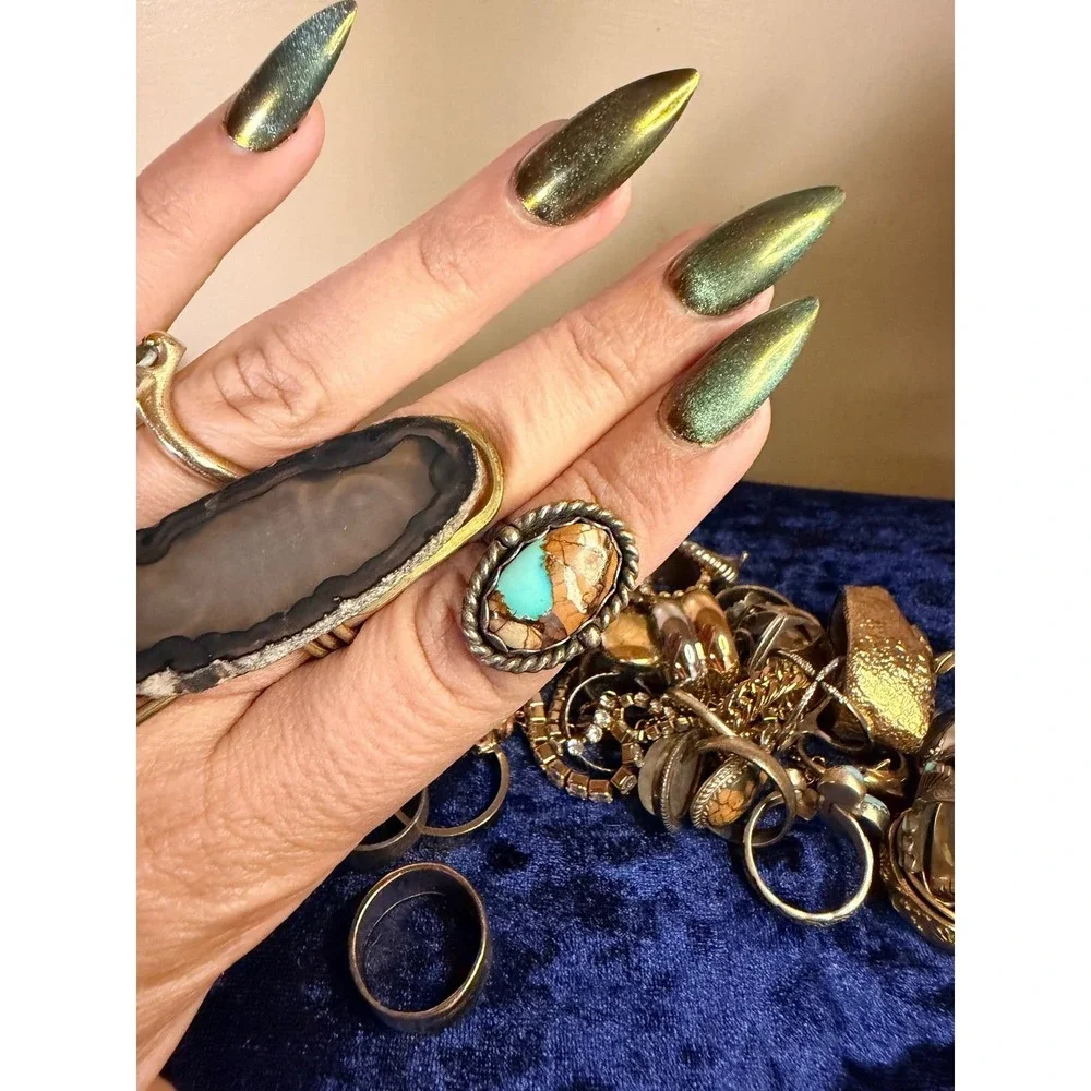 Southwestern Turquoise Copper Matrix Oval Statement Ring Sterling Silver Rope Ba